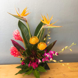 Tropical flower arrangement with orange bird-of-paradise and pink blooms in a black container