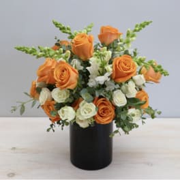 Orange and ivory roses with white snapdragons arranged in a black cylinder vase