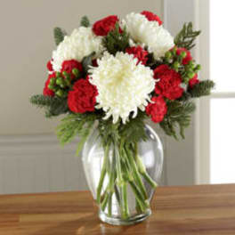 Red and white carnations in a clear glass vase