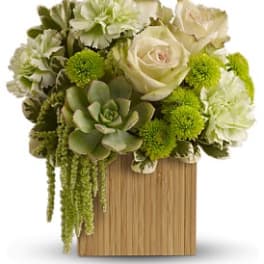 Compact arrangement of green succulents, white roses, and green blooms in a wooden cube vase