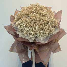 Large bouquet of cream baby's breath wrapped in mauve paper