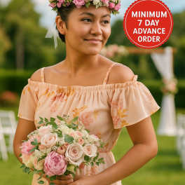 Bridesmaid holding pastel rose and peony bouquet with matching pink flower crown outdoors