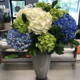 Blue, green, and white hydrangea arrangement in a tall gray vase
