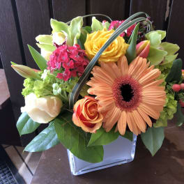 Mixed bouquet with a peach gerbera daisy and yellow rose in a glass vase