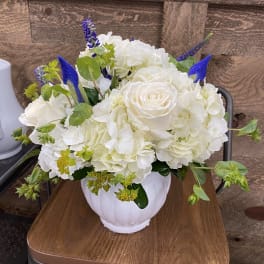 White roses and hydrangeas in a white vase with blue accents