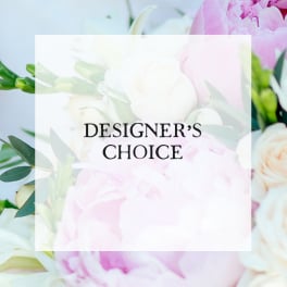 Designer’s choice floral product graphic over soft pink and white bouquet background