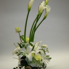 White calla lilies and lilies arranged in a wooden container