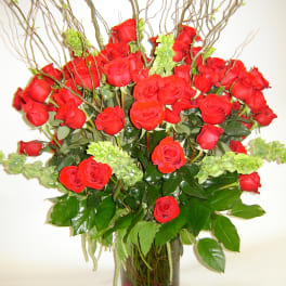 Red roses arranged in a clear glass vase with curly branches
