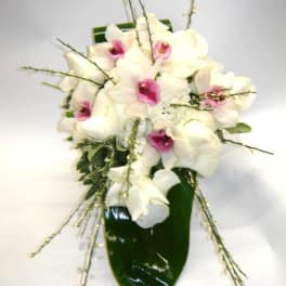 White orchids with pink centers arranged in a glossy green vase