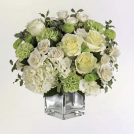 White and pale green floral arrangement in a clear square vase