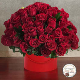 Red roses arranged in a red round box