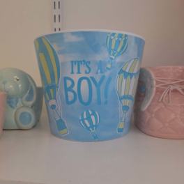 Blue baby gift bucket with hot air balloons and "It's a Boy!" text