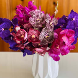 Bouquet of purple and pink orchids in a white vase