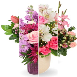 Mixed bouquet of pink, purple, and white flowers in a vase