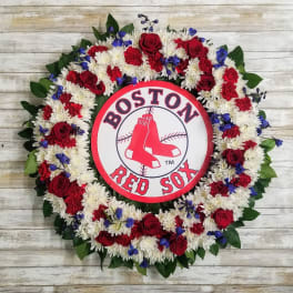 Boston Red Sox floral wreath with red, white, and blue flowers