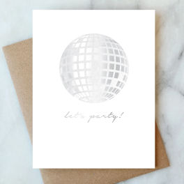 White party card with a silver disco ball and "let's party!" text