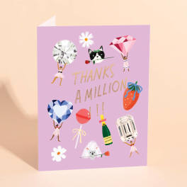 Lavender thank-you card with illustrated dancers, gems, flowers, and champagne