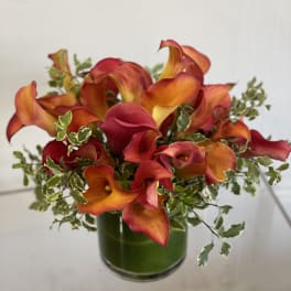 Orange and red calla lilies arranged in a green glass vase
