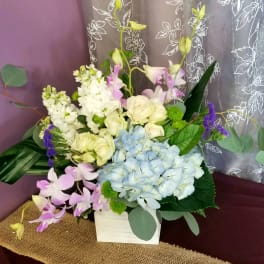Mixed bouquet with blue hydrangea, white roses, and pink orchids in a white box