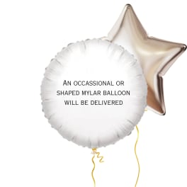 Two metallic balloons, one round white and one star-shaped champagne.