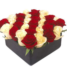 Heart-shaped box filled with red and white roses