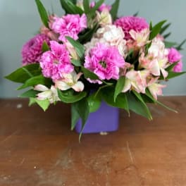 Pink carnations and pale alstroemeria in a purple vase