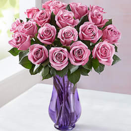 Pink roses arranged in a purple glass vase