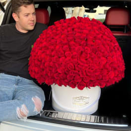 Large dome of red roses in a white hatbox in a car trunk beside a seated man