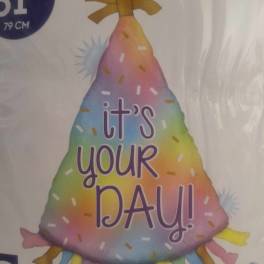Rainbow party hat balloon with "it's your day!" text