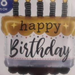 Birthday cake-shaped balloon with five candles and "happy birthday" text