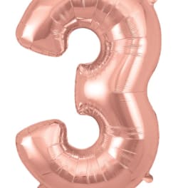 Rose gold foil balloon shaped like the number 3