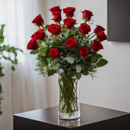 Bouquet of red roses in a clear glass vase