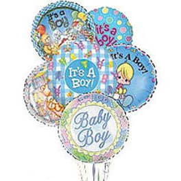 Cluster of blue and pastel “It’s a Boy” and “Baby Boy” mylar balloons with baby-themed designs
