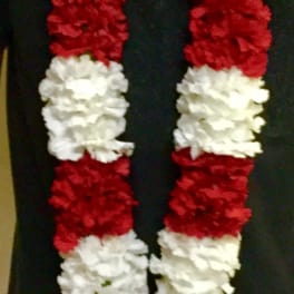 Person wearing red and white flower garlands around the neck
