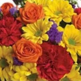 Mixed bouquet of yellow daisies, orange roses, red carnations, and purple flowers