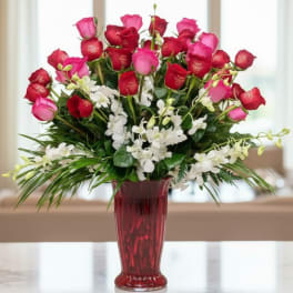 Bouquet of red and pink roses with white orchids in a red vase