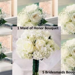 White rose bridal bouquets with baby's breath and hydrangea