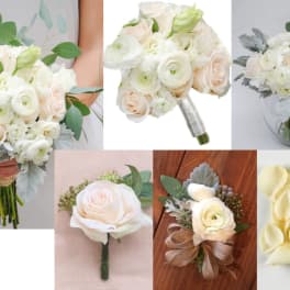 White and blush rose bouquet with eucalyptus and dusty miller