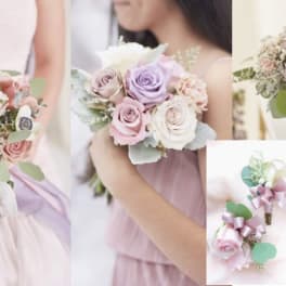 Pastel rose bouquets and boutonnieres with ribbon accents