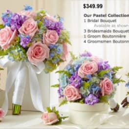 Pastel bridal bouquets with pink roses and purple-blue flowers