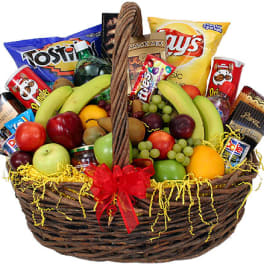 Fruit and snack gift basket with a red bow