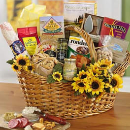 Gift basket with snacks and sunflower decorations