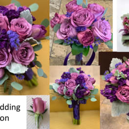 Purple rose wedding bouquets with ribbon and silver foliage