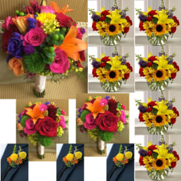 Collage of colorful bouquets and boutonnieres with roses, lilies, and sunflowers