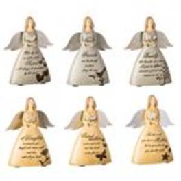 Six angel figurines with printed text and butterfly accents