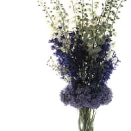 Tall bouquet of purple and white flowers in a clear vase