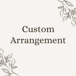 Graphic card with the words Custom Arrangement and simple leafy line art in the corners