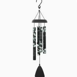 Black hanging wind chime with printed tubes and a bell-shaped clapper