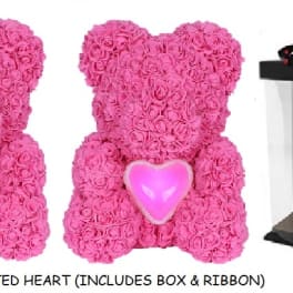 Pink rose teddy bears with heart accents beside a clear gift box
