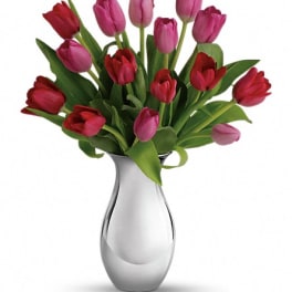 Pink and red tulips arranged in a silver vase